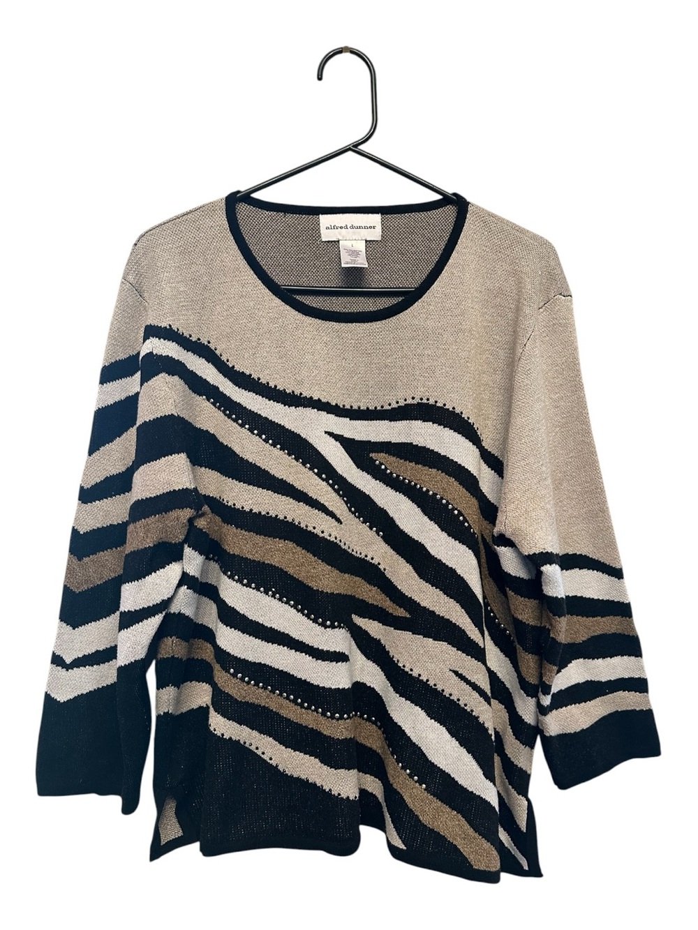 Late Y2K Alfred Dunner Black, White & Brown Zebra-Print Crew Neck Sweater Large